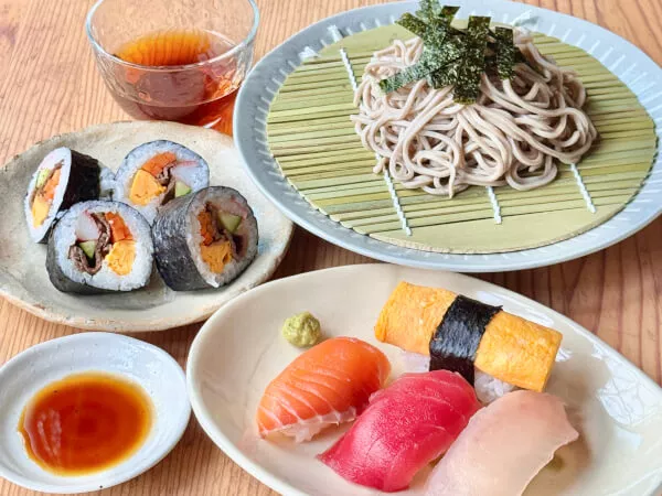 Zaru Soba (Chilled Soba Noodles) & Nigiri Sushi & Wagyu Maki Sushi 