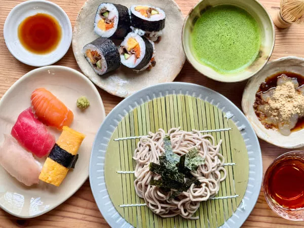 Zaru Soba (Chilled Soba Noodles) & Nigiri Sushi & Wagyu Maki Sushi with Matcha & Wagashi