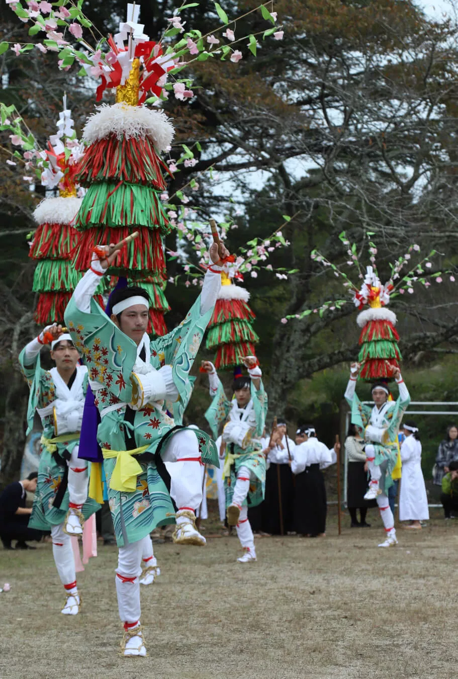 中踊りは化粧をほどこし背中に巨大な飾り「シナイ」を背負い、胸に小さな太鼓「かんこ」をつけてバチを持ち、ダイナミックに踊る姿は必見です。