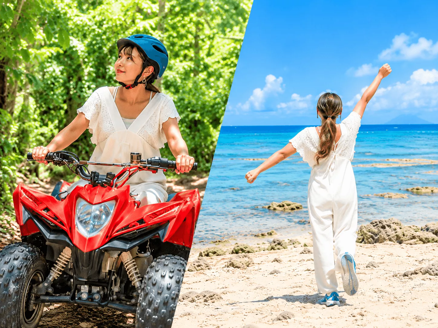 Happy couple riding red ATV buggies and waving on a beautiful white sand beach under a clear blue sky in Okinawa - Okinawa Doki Doki Tours ATV Buggy Activity
