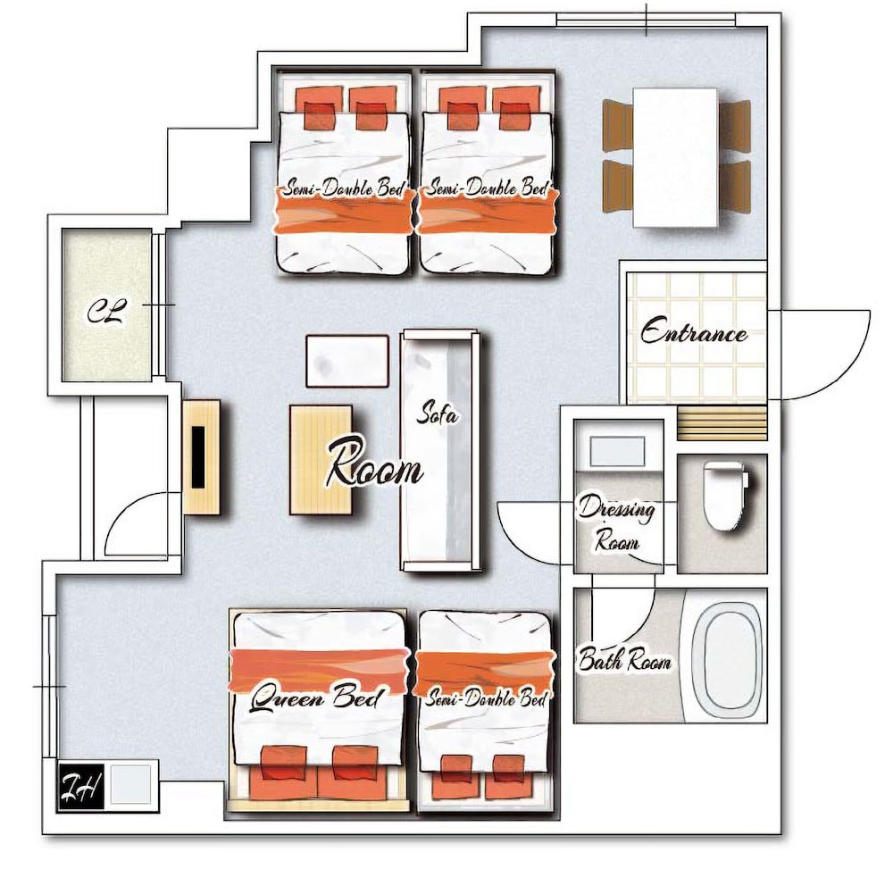 ジュニアスイートルーム　ダブルベッド1台＆セミダブルベッド3台　禁煙　清掃料金別　連泊時の清掃なし | 宮崎マンゴーホテル