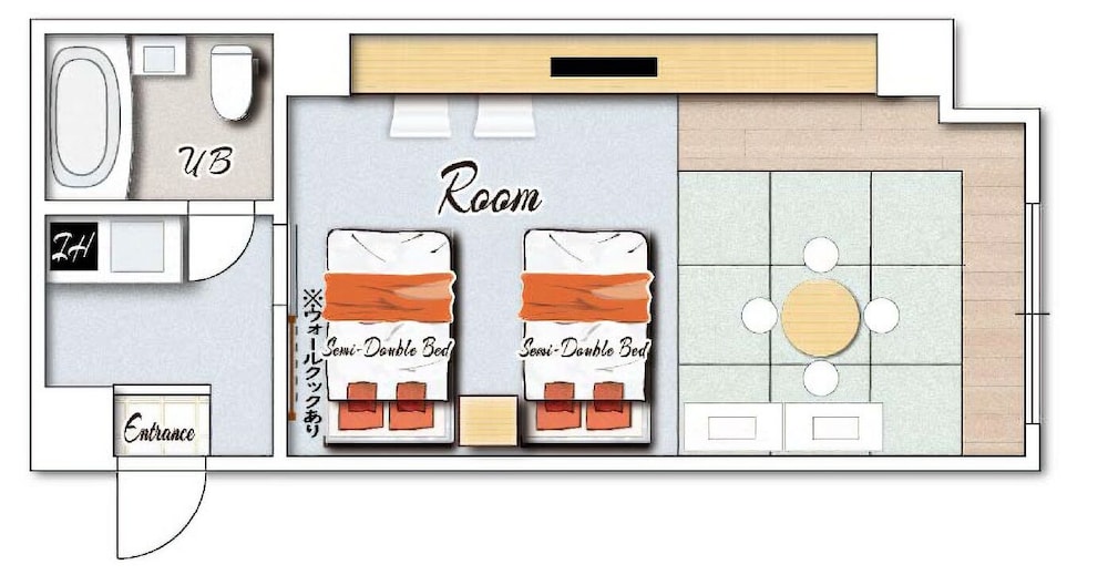 和洋室　デラックスルーム　セミダブルベッド2台＆シングル敷布団２枚　キッチン付　禁煙　清掃料金別　連泊時の清掃なし | 宮崎マンゴーホテル