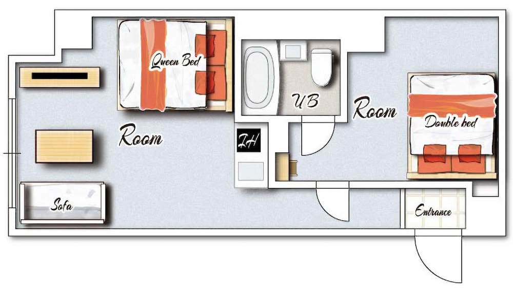 デラックスルーム　ダブルベッド1台クイーンベッド1台＆キッチン付　禁煙　清掃料金別　連泊時の清掃なし | 宮崎マンゴーホテル