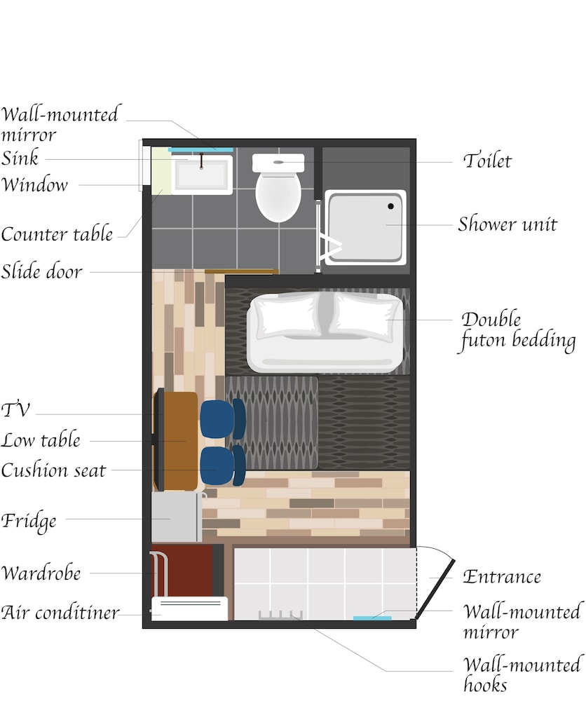 スタンダード ダブルルーム 布団 禁煙 専用バスルーム フロアマップ0 | My Home Inn Sennan Onosato