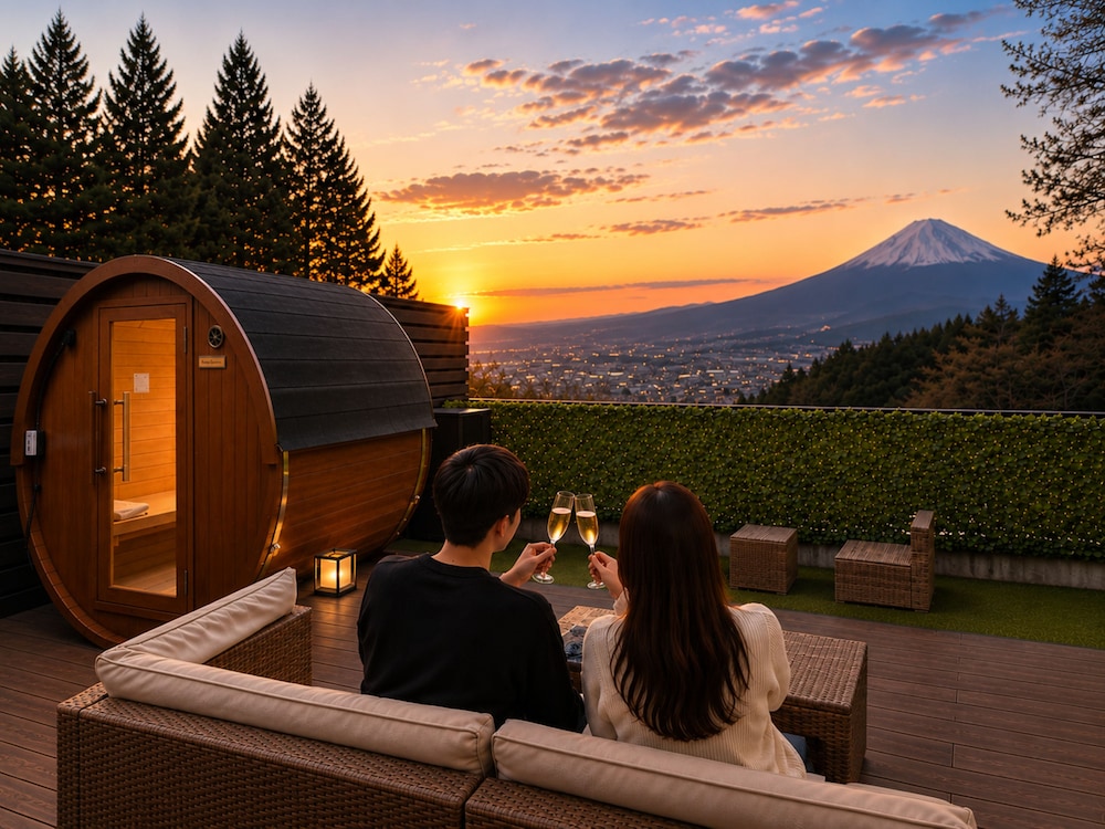 富士山と夜景を一望 | トレーラーハウス×国産バレルサウナ＆露天風呂 | 室内ロースター完備 | ダブル + ソファベッド | 禁煙 | 別館01 | Wellリゾート富士別館