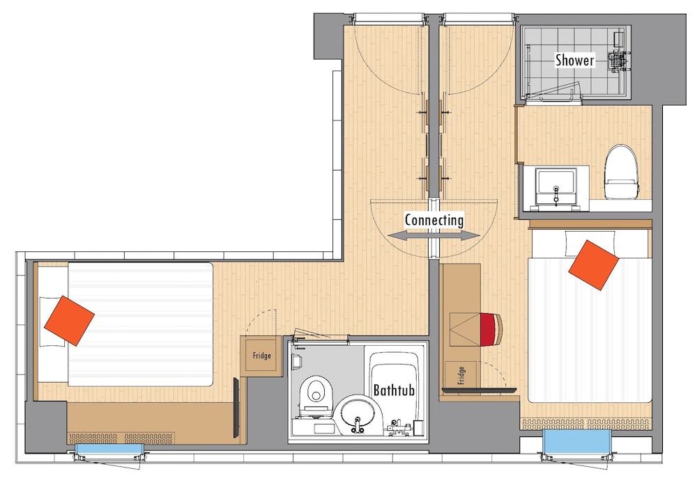 Connecting Room (Double Room with Shower Booth & Economy Double Room with Unit Bath) | レッドルーフイン&スイーツ大阪難波・日本橋