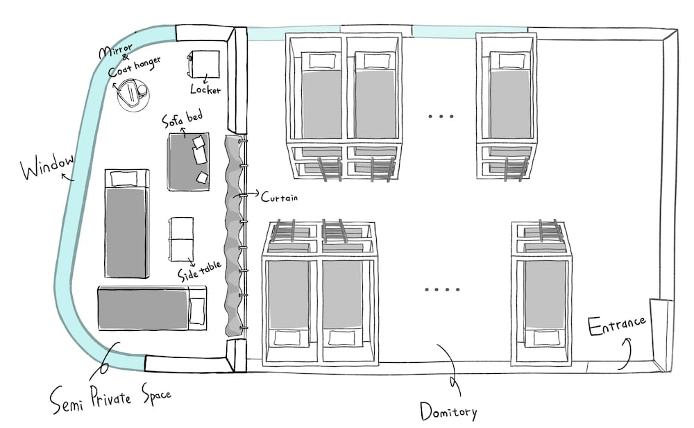 Person mixed dormitory room (Female and male shared) (Shared toilet and shower) フロアマップ0 | UNPLAN Shinjuku – Hostel