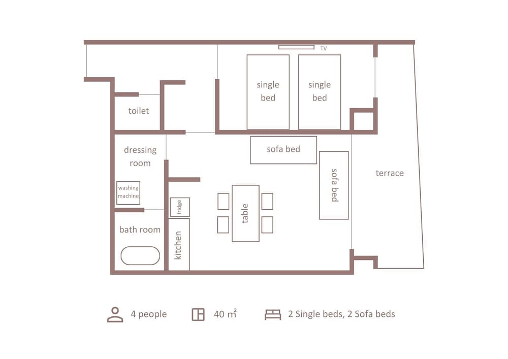 デラックス 1ベッドルーム 4ベッド (テラス付き・プライベートサウナ利用17:30-19:00) 禁煙 フロアマップ0 | Minn 祇園三条