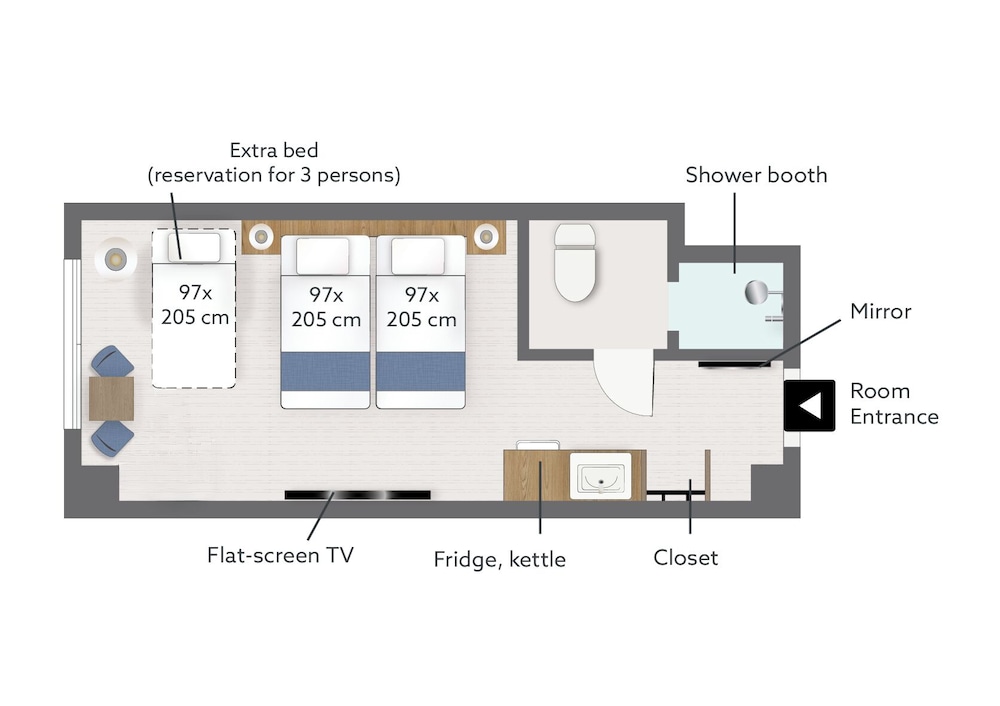 コンフォート トリプルルーム シングルベッド 3 台 禁煙 (Studio 25 Twin) フロアマップ0 | KABIN Taka